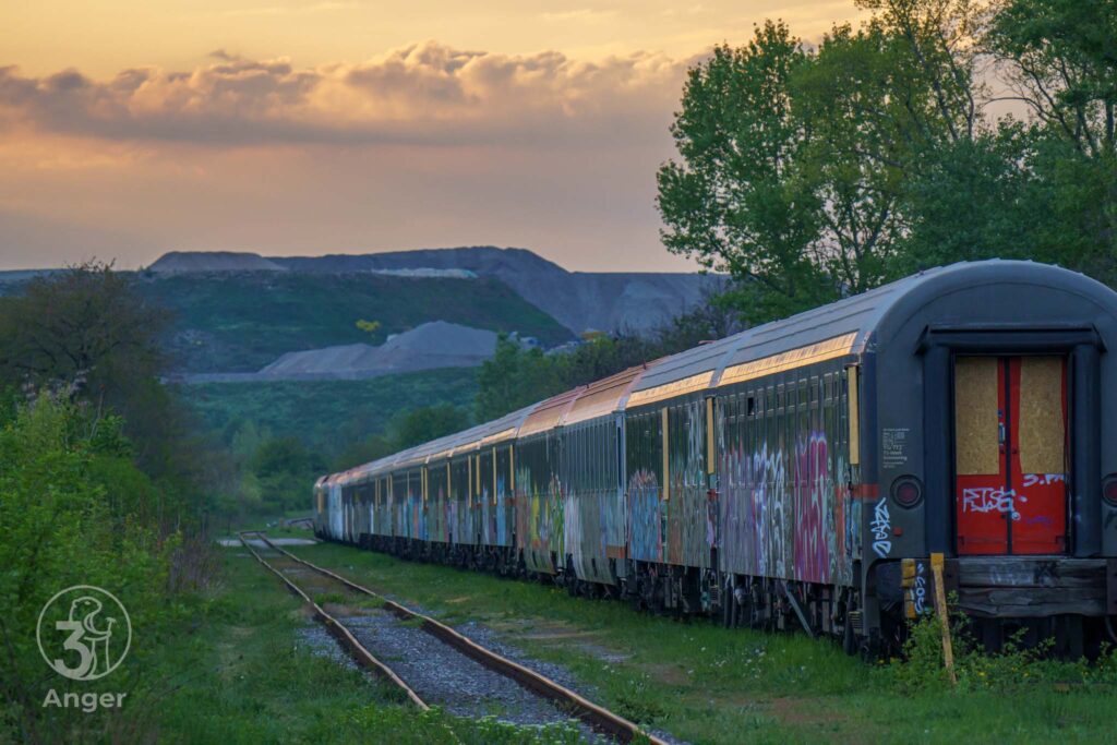 Ein langer Güterzug mit bunten Graffitis steht auf stillgelegten Gleisen im Norbert-Scheed-Wald bei Sonnenuntergang, Hintergrund Industrielandschaft.