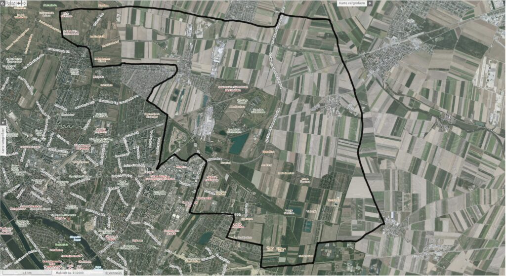 Eine Satellitenkarte des Regionalparks DreiAnger am Nordostrand von Wien mit einer schwarz umrandeten Markierung des fotografischen Aktionsbereichs.
