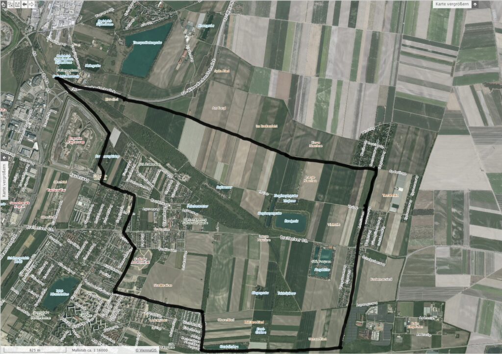 Eine Satellitenkarte des Norbert Scheed Waldes am Nordostrand von Wien mit einer schwarz umrandeten Markierung des fotografischen Aktionsbereichs.