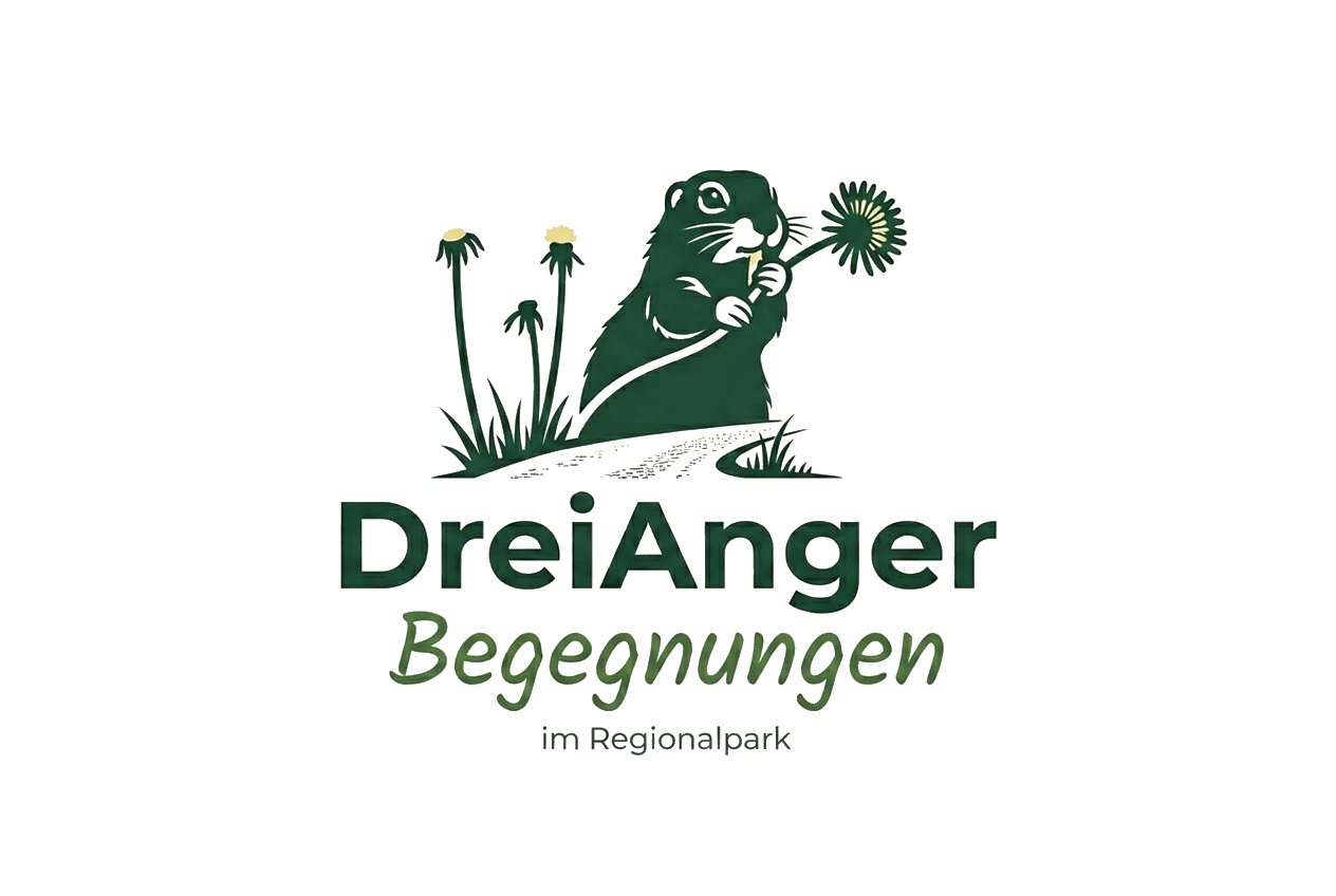 Logo von DreiAnger Begegnungen im Regionalpark mit einer Illustration eines europäischen Ziesels, das an einer Löwenzahnblüte knabbert.