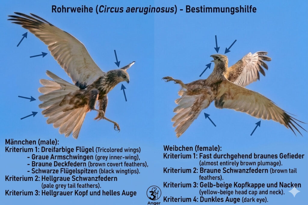 Infografik zur Bestimmung von Rohrweihen mit Pfeilen auf Merkmale wie dreifarbige Flügel beim Männchen und gelb-beige Kopfkappe beim Weibchen.