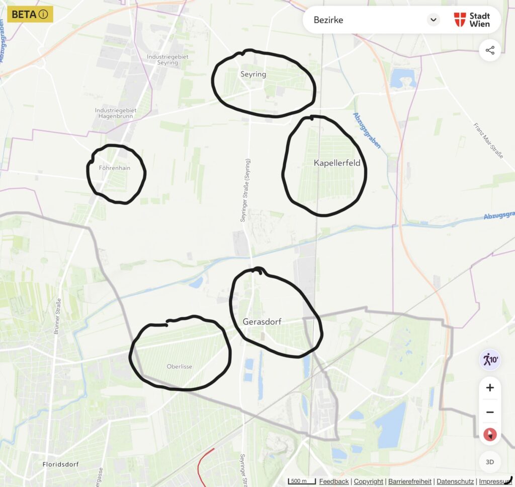 Digitale Stadtkarte von Gerasdorf bei Wien mit Markierungen der fünf ehemals eigenständigen Siedlungsteile Gerasdorf, Seyring, Kapellerfeld, Föhrenhain und Oberlisse.⁠